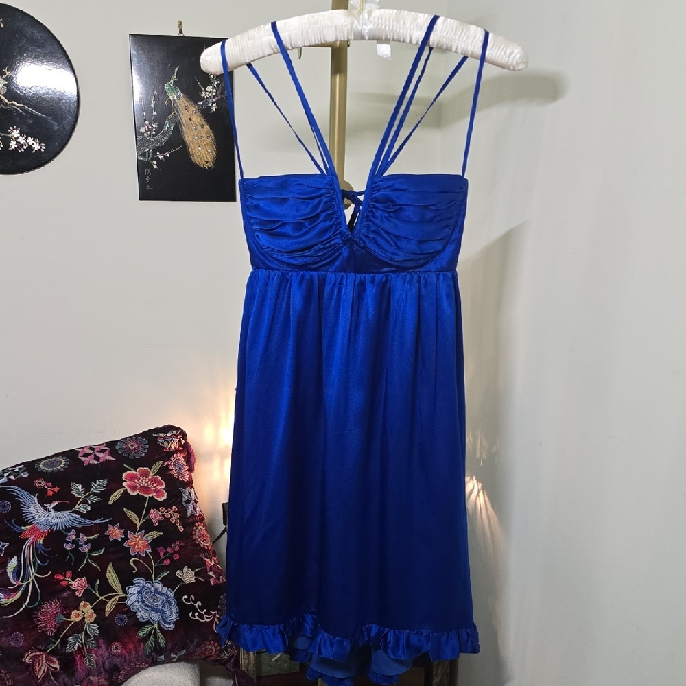 Betsey Johnson Strappy Blue Satin Babydoll Dress with Ruffled Hem